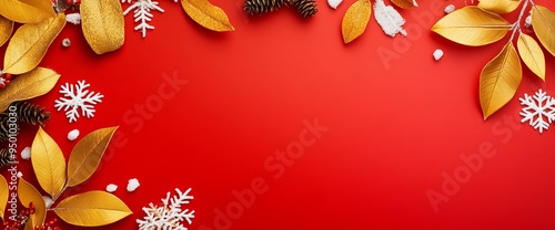 The Christmas holiday background features a garland of golden leaves and snowflakes. The design element could be used for Christmas cards or banners. The top view of the illustration shows the