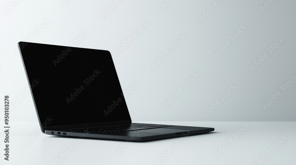 A sleek black laptop slightly opened, sitting on a plain white background, perfect for tech promotions with plenty of space for a headline. A sleek black laptop slightly opened, sitting on a plain white background, perfect for tech promotions with plenty of space for a headline.
