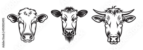 Hand-Drawn Cow Heads in Black and White Woodcut Style Vector Illustration photo