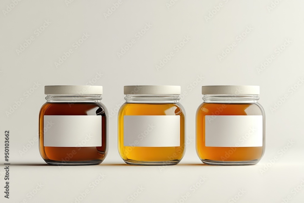 Refined Honey Jars in a Clean, Minimalistic Setting Refined Honey Jars in a Clean, Minimalistic Setting