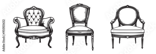 Hand-drawn vintage chairs in woodcut style, black and white sketch vector illustration set
