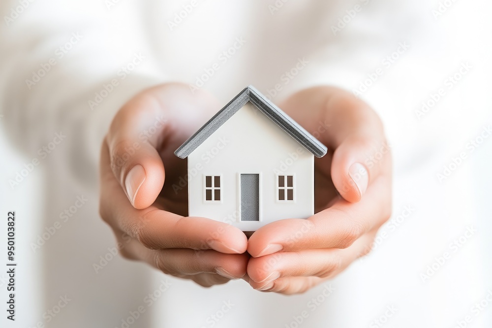 Close-Up of Hands with Model House: A Symbol of Home and Security Close-Up of Hands with Model House: A Symbol of Home and Security