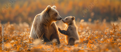 Mother bear and her cub in their natural habitat, wildlife background with copy space