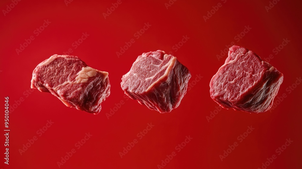 Vibrant Red Background with Four Raw Beef Steaks Vibrant Red Background with Four Raw Beef Steaks
