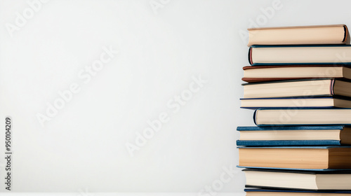 A stack of hardcover books neatly arranged on a plain white background, ideal for a reading campaign with plenty of space for text.