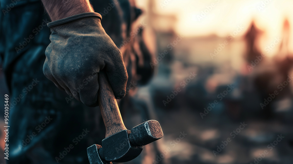 A close-up of calloused hands holding a hammer and wrench, with a faint background of a construction site, highlighting the hard work and dedication of laborers.