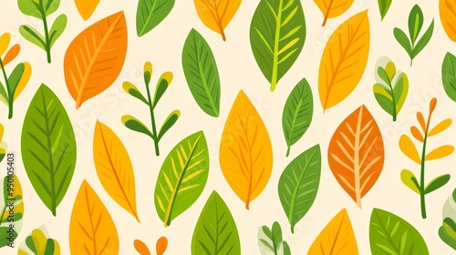 A colorful leafy pattern with green and yellow leaves. The leaves are arranged in a way that creates a sense of movement and energy. Scene is vibrant and lively, with a focus on the beauty of nature