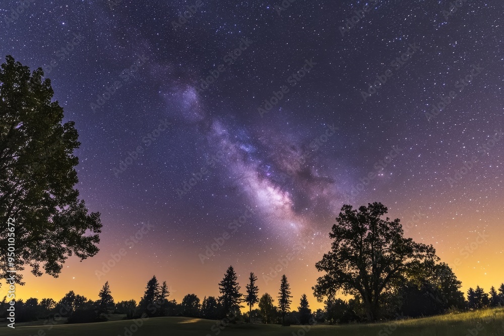 Obraz premium Fireworks display in the night sky with the Milky Way as a background.