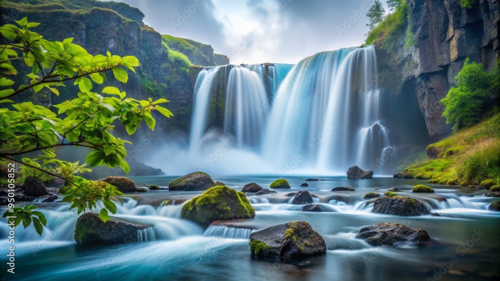 Naklejka premium Öxarárfoss in June serene atmosphere, soft focus on the waterfall's mist, blurred leaves in the foreground, muted green and blue tones, evoking a sense of tranquility.