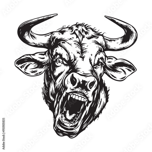  Hand Drawn Raging Bull Head in engraving Style - Black and White Vector Illustration