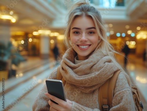 wide angle, a happy european young woman arriving in hotel reception with wheeled luggage, holding her smartphone