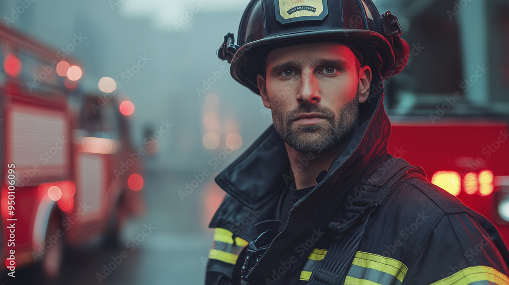 A firefighter in full gear, standing in front of a fire truck with a determined look, ready to respond to an emergency, representing the bravery and dedication of emergency respond A firefighter in full gear, standing in front of a fire truck with a determined look, ready to respond to an emergency, representing the bravery and dedication of emergency respond