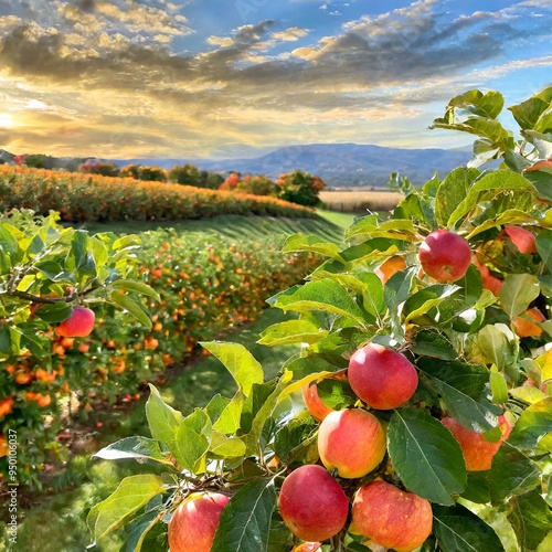 A picturesque apple orchard bursts with ripe fruit on a sunny fall day. Golden sunlight filters through colorful leaves, casting warm shadows.