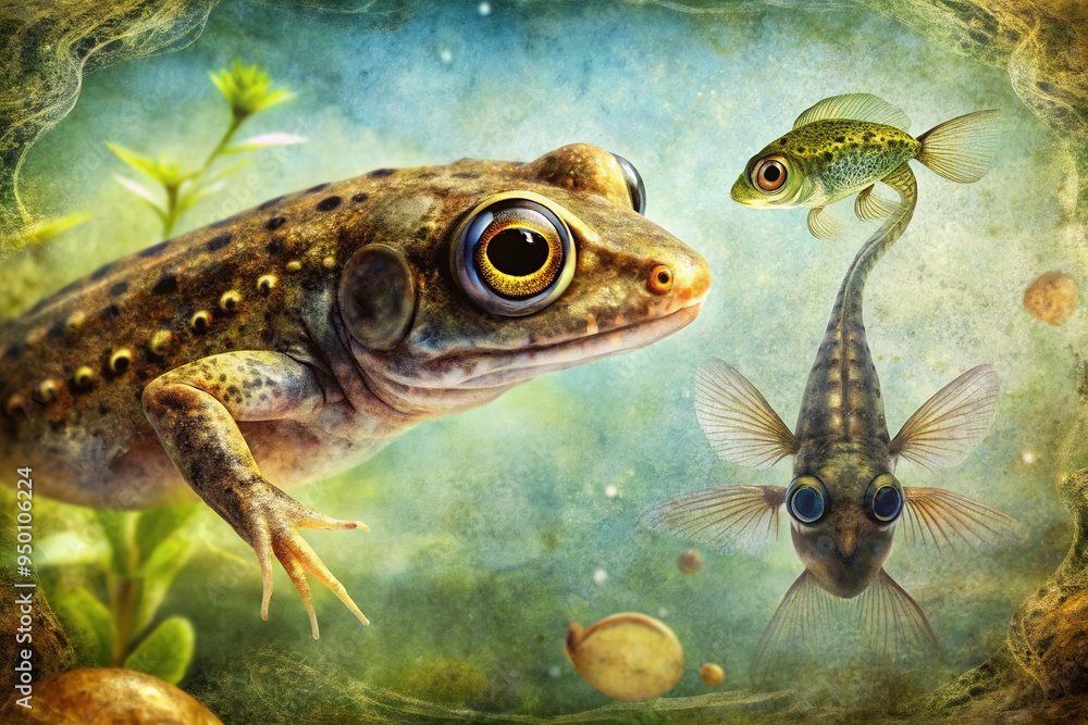 Fototapeta premium A retro-postcard-inspired illustration of a tattered tadpole transported to a futuristic cityscape, where neon lights reflect off its translucent skin, blending analog and digital worlds.