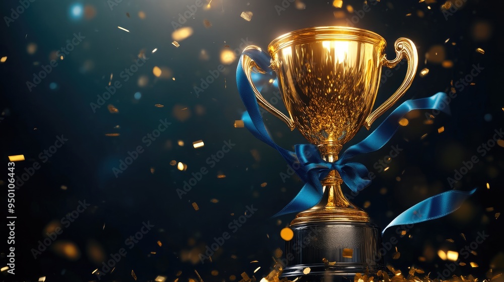 Polished Gold Trophy with Blue Ribbon and Confetti Polished Gold Trophy with Blue Ribbon and Confetti