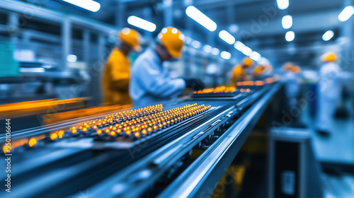 A factory assembly line with workers focused on assembling products, with a blur of motion capturing the efficiency and rhythm of manufacturing.