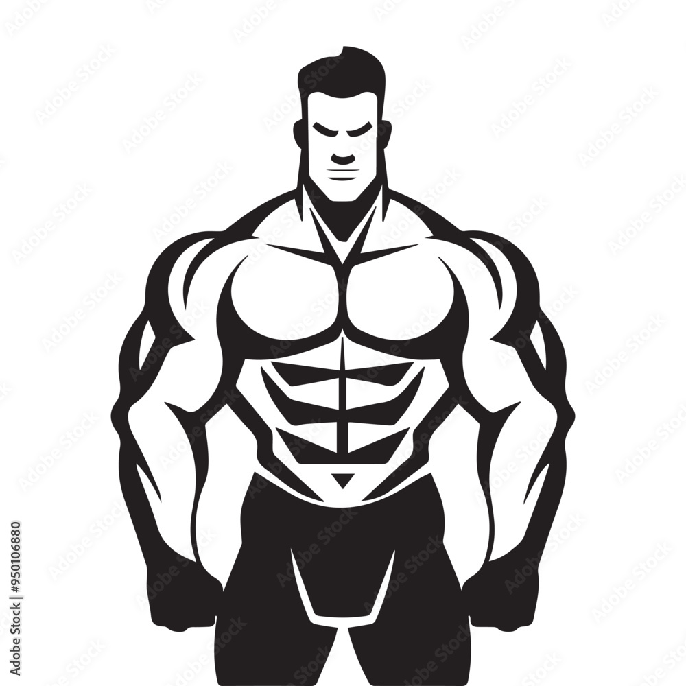 Fototapeta premium Black and White Vector Illustration of a Muscular Man in a Strong Pose, Simple Design