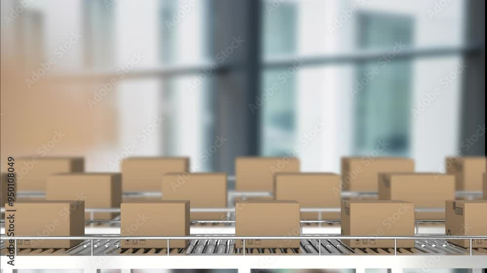 Moving conveyor belt with cardboard boxes animation over blurred office background Moving conveyor belt with cardboard boxes animation over blurred office background
