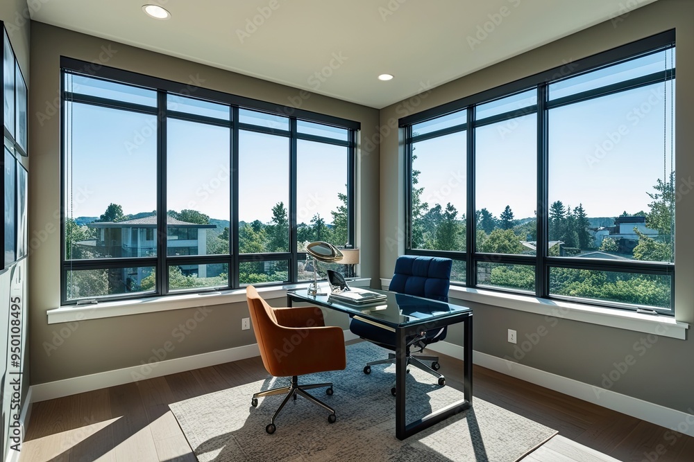 Fototapeta premium Elegant Home Office Window Design with Modern Glass Features in a Contemporary Setting