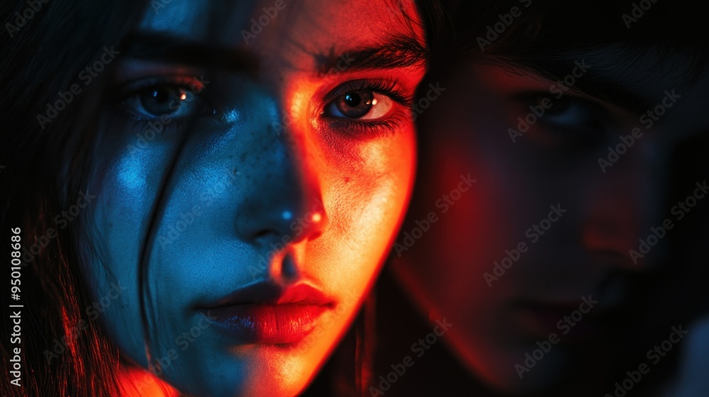 Close-up of Two Faces Lit by Blue and Red Light Close-up of Two Faces Lit by Blue and Red Light