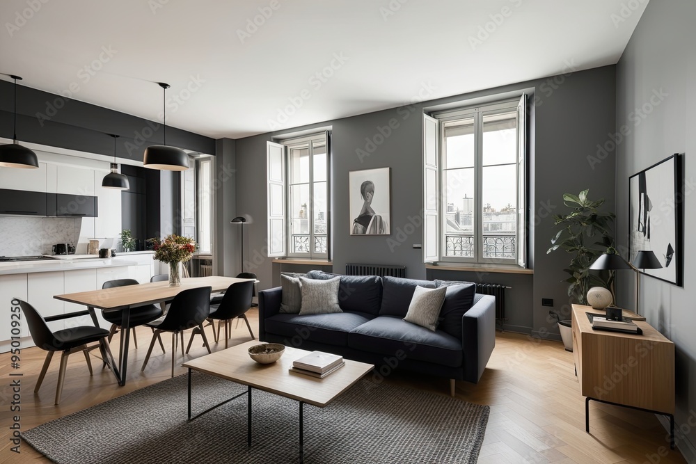 Fototapeta premium Chic Parisian Loft: Modern Nordic Style in a Contemporary Living Space