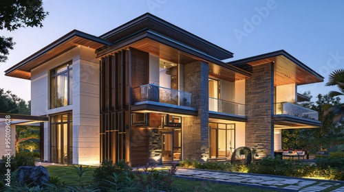 An elegant modern villa with  design influences, viewed in the soft glow of the evening. The façade features a balanced mix of wood and stone.