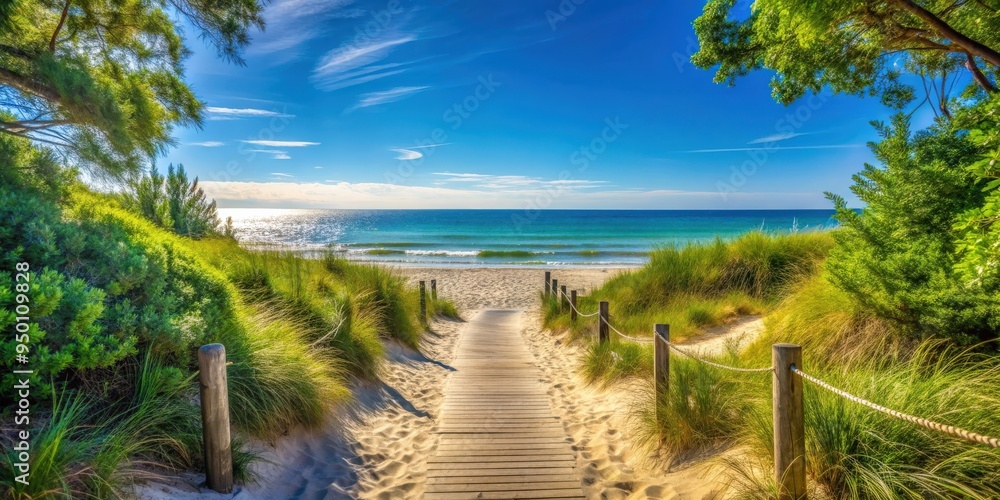 Pathway leading to a sandy beach surrounded by lush greenery in the summer , beach, pathway, sand, summer, sunny Pathway leading to a sandy beach surrounded by lush greenery in the summer , beach, pathway, sand, summer, sunny