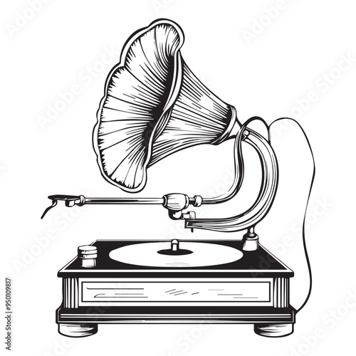 Hand-Drawn Gramophone Vector Illustration in Black and White Engraved Woodcut Style