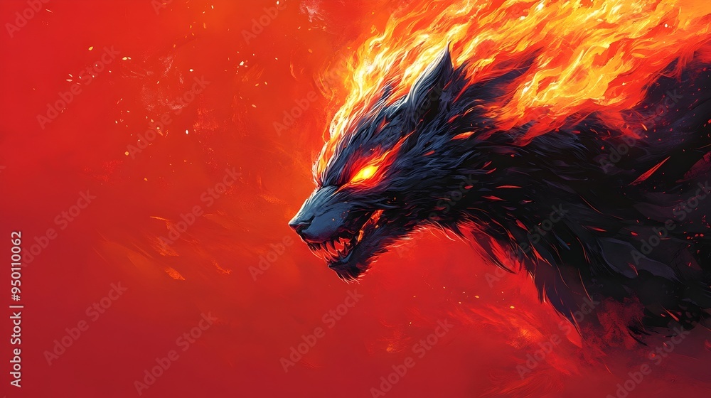 Fiery-Eyed Beast Unleashing Destruction in a Vibrant Red Realm Fiery-Eyed Beast Unleashing Destruction in a Vibrant Red Realm