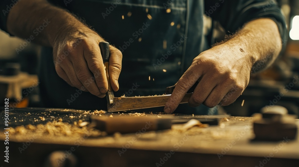 Close-up of a Craftsman's Hands Using a Wood Chisel Close-up of a Craftsman's Hands Using a Wood Chisel