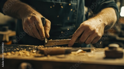 Close-up of a Craftsman's Hands Using a Wood Chisel photo