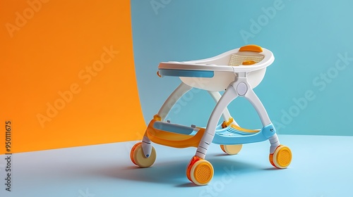 White, blue, and orange baby walker on a blue and orange background photo