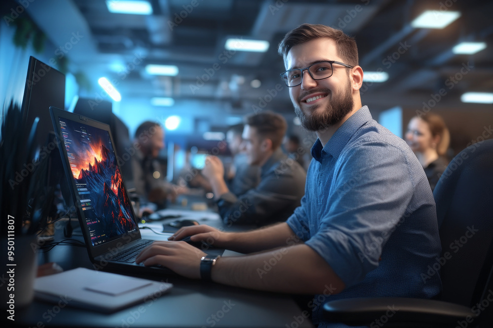 Smiling man with glasses working on a computer in a high-tech office at night. The environment is modern and digital, with a focus on technology and innovation. Smiling man with glasses working on a computer in a high-tech office at night. The environment is modern and digital, with a focus on technology and innovation.