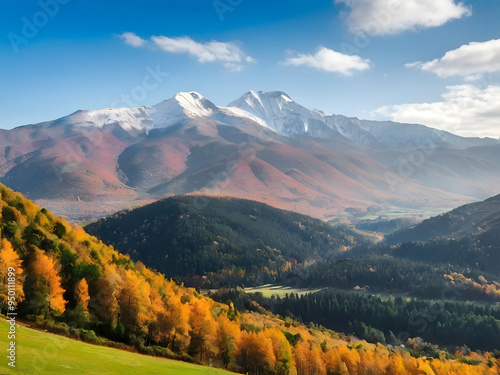 A scenic view of a mountain range in autumn