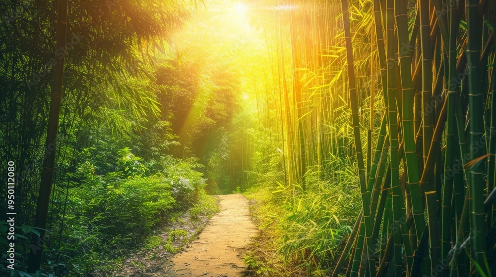 Obraz premium Pathway through a bamboo forest with sunlight filtering through