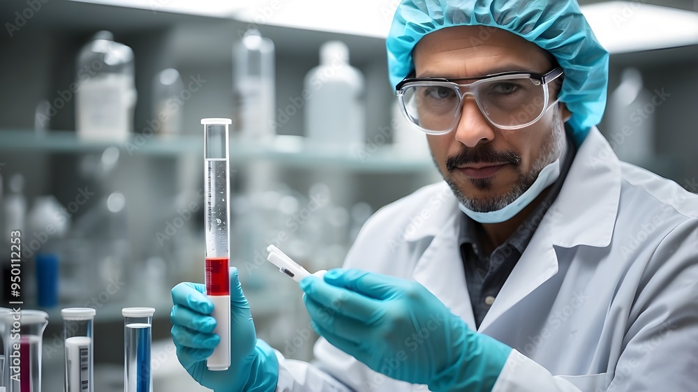 Scientist performing healthcare research and study while holding a sample of germs in a test tube A gloved doctor closely inspects a legionella sample as part of a scientific study Scientist performing healthcare research and study while holding a sample of germs in a test tube A gloved doctor closely inspects a legionella sample as part of a scientific study