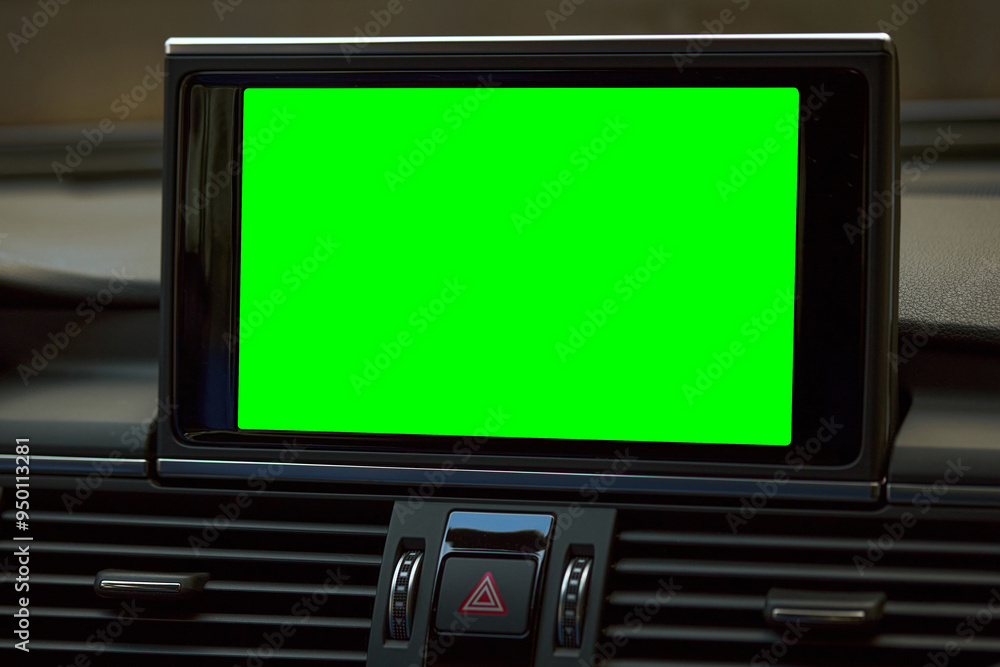 Monitor in car isolated blank screen for navigation maps and GPS rearview camera and parking assistant. Car display with blank green screen for design mock up, copy space. Monitor in car isolated blank screen for navigation maps and GPS rearview camera and parking assistant. Car display with blank green screen for design mock up, copy space.