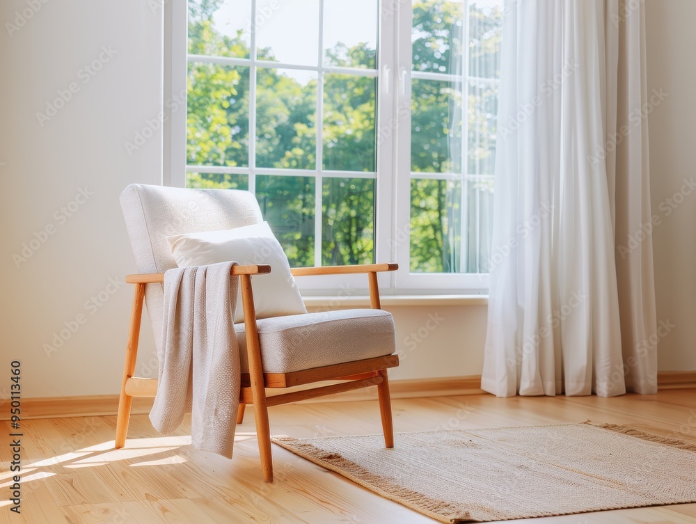 Minimalist Reading Nook with Wooden Armchair Minimalist Reading Nook with Wooden Armchair