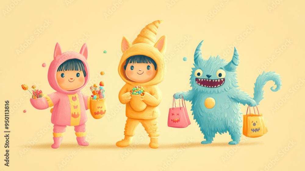 Fototapeta premium Adorable pastel-colored trick-or-treaters dressed as witches and pirates, with candy buckets, on a light pastel yellow background.