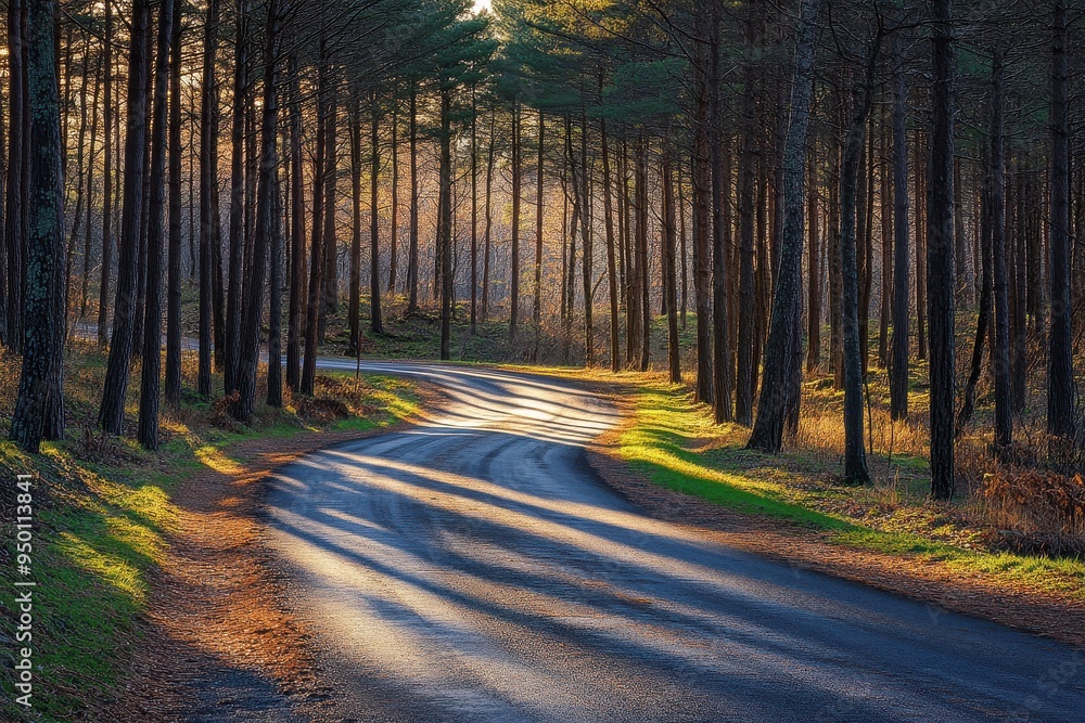Obraz premium Road with shadows of tall pines creating a pattern, artistic and captivating.