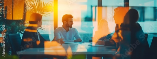 A group of business people sitting around an office table, having a meeting in the conference room
