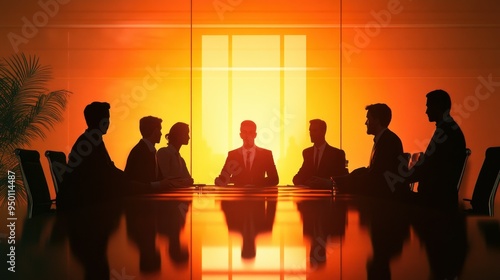 Silhouetted Businesspeople in a Meeting Room with an Orange Glow