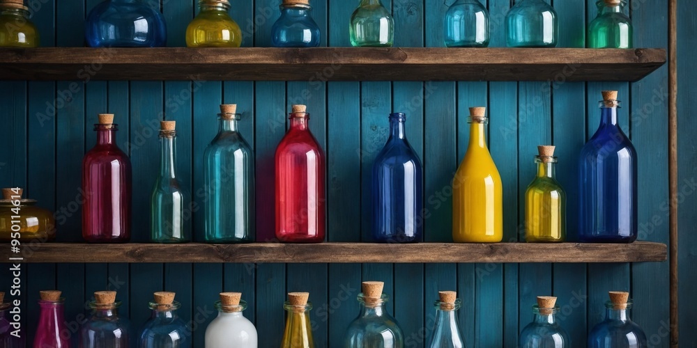 Colorful bottles and jars on shelves with blue wooden background. Colorful bottles and jars on shelves with blue wooden background.