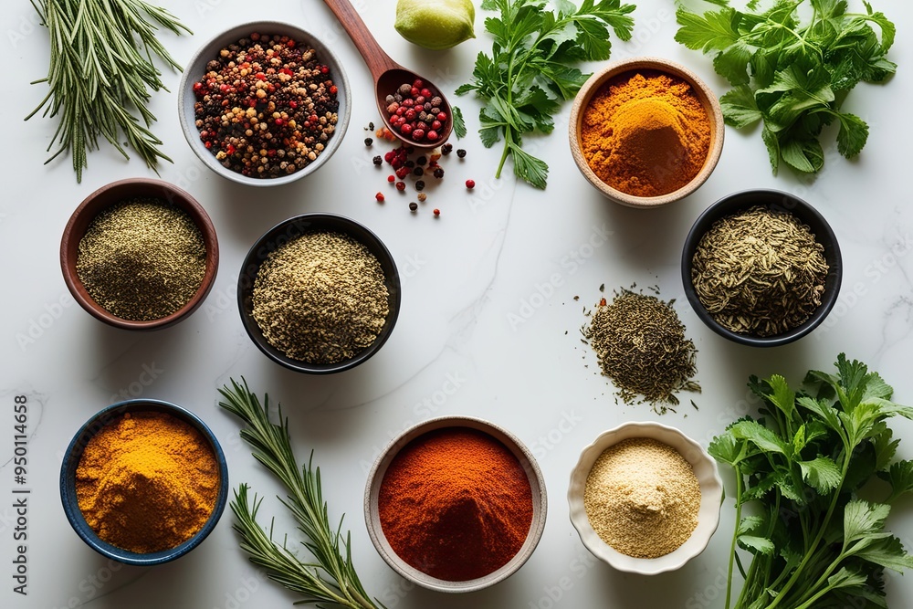 Elevated Capture of Diverse Spices and Herbs on Pristine Backdrop for Wholesome Meals Elevated Capture of Diverse Spices and Herbs on Pristine Backdrop for Wholesome Meals