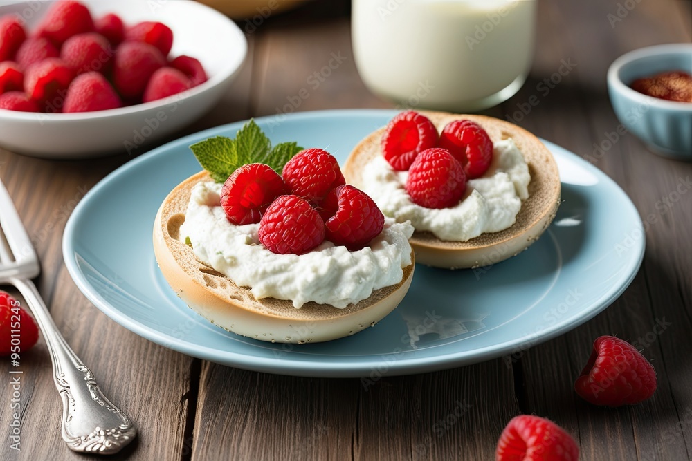 Delightful Ricotta Spread on Bagel Halves Topped with Fresh Raspberries for a Wholesome Brunch Bites Delightful Ricotta Spread on Bagel Halves Topped with Fresh Raspberries for a Wholesome Brunch Bites