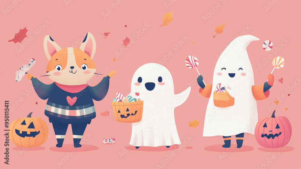 Fototapeta premium Cute illustrator-style trick-or-treaters in animal and ghost costumes, holding candy, on a soft pastel pink backdrop.