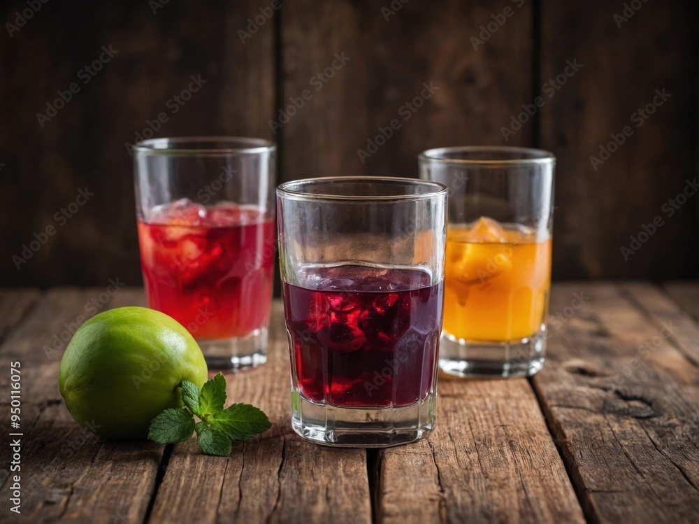 Various Fruit Juices in Clear Glasses on Rustic Wooden Background. Various Fruit Juices in Clear Glasses on Rustic Wooden Background.