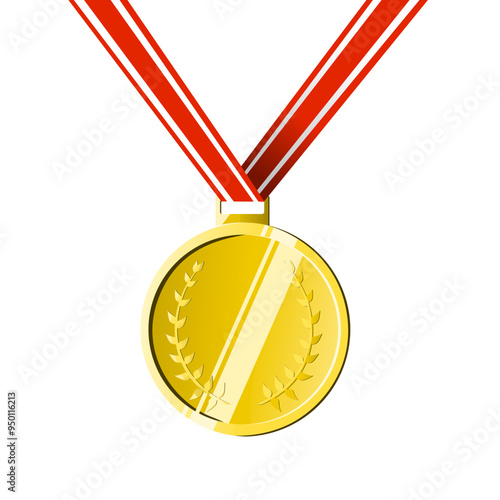 Gold Medal with Red and White Ribbon - Award for First Place Victory in Competitions and Sports - Vector Illustration