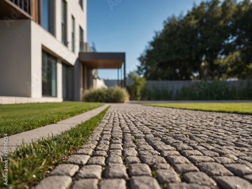 Building with paved driveway and grassy lawn. photo