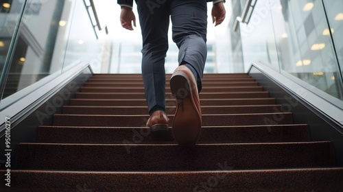 A businessman in a suit and leather shoes walking up the stairs to success, a close-up shot from behind